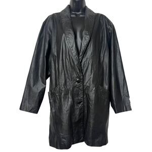 VINTAGE LADIES BLACK LEATHER TRENCH COAT 80s 90s WINTER JACKET SIZE L BY COMINT